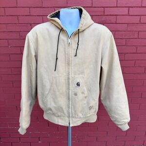 Vtg 90s Carhartt Duck Detroit Chore Hooded Jacket Large Sandstone Quilt Lined
